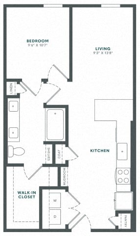 Floor plan for 1 bed, 1 bath, 680 sqft